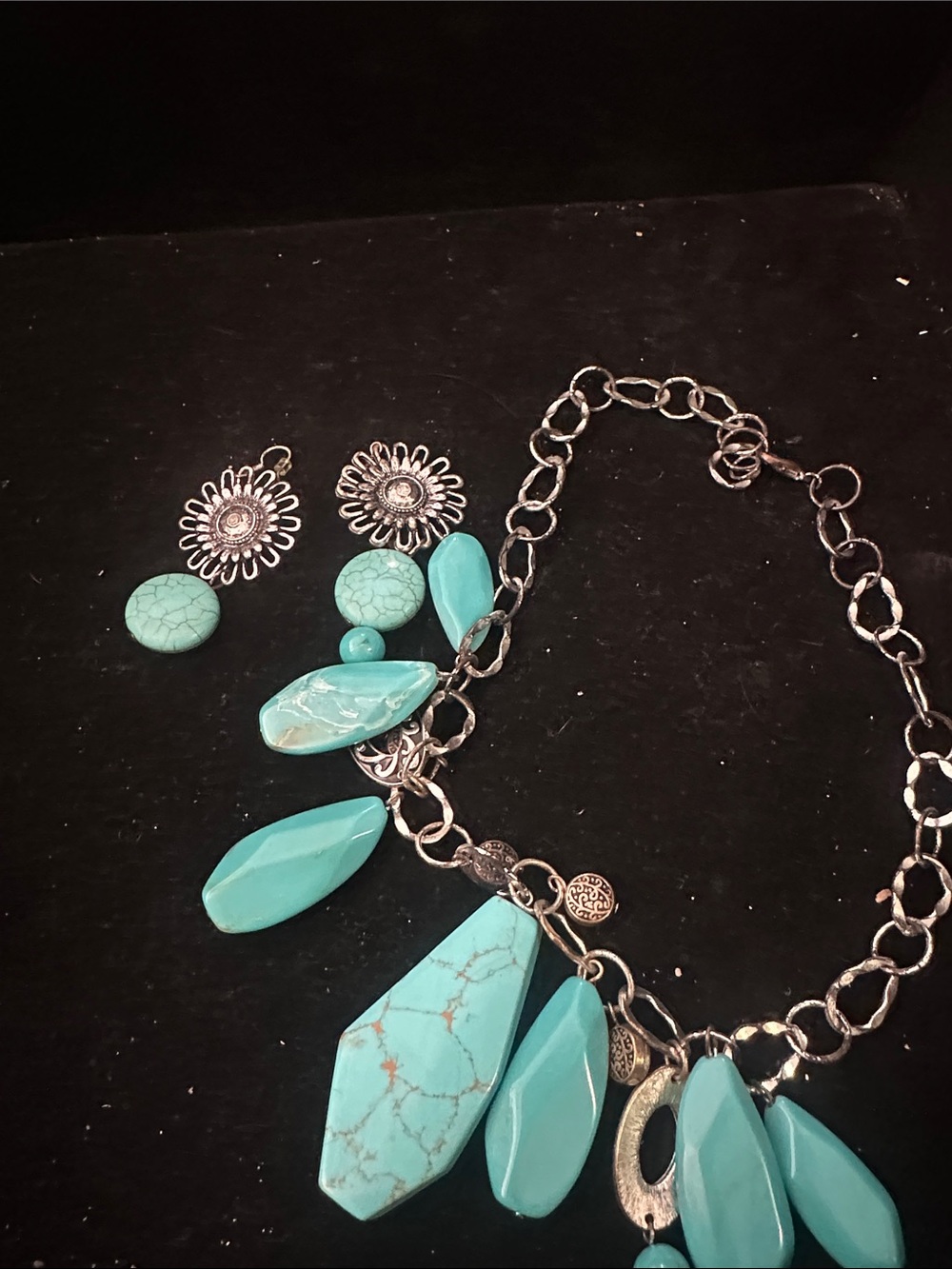 Turquoise Statement Pendant Necklace with Drop Beads and matching earrings